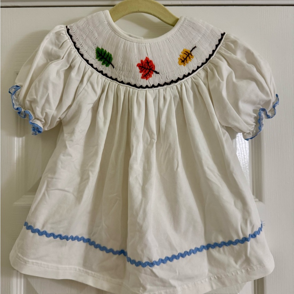 Busy Bees Smocks White Toddler Girl Top with Leaf Embroidery